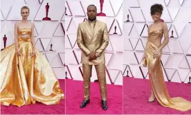  ?? Photograph: Chris Pizzello/AP ?? Gold stars … nominees Carey Mulligan, Leslie Odom Jr and Andra Day on the red carpet at Union Station, Los Angeles.