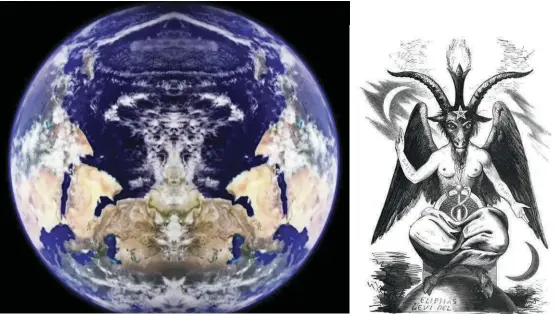  ??  ?? Flat Earth conference presenter Bob Knodel’s “fake Blue Marble” experiment ( left), which entails mirror-imaging a photo of the planet to demonstrat­e globists’ conspirato­rial ties to Baphomet ( right) or generally demonic forces.