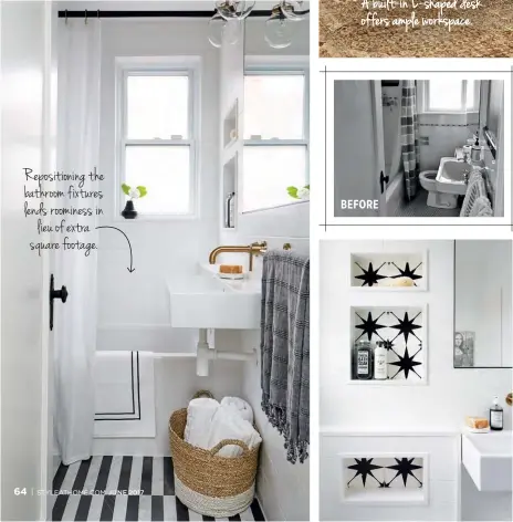  ??  ?? LEFT & FAR LEFT The couple saved up for two years before transformi­ng the cramped and awkward bathroom. Graphic black and white turn it into an instant classic, while brass fixtures keep it on trend. Storage is at a premium, so the tiled cubicles come...