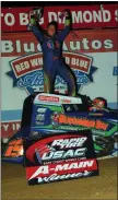  ?? RICH KEPNER - FOR MEDIANEWS GROUP ?? Steve Drevicki celebrates atop his career after his USAC Wingless win at Big Diamond Speedway on July 19.