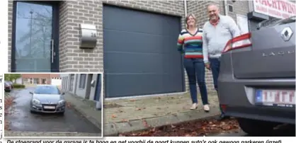  ?? FOTO DIMA ?? De stoeprand voor de garage is te hoog en net voorbij de poort kunnen auto’s ook gewoon parkeren (inzet), waardoor Diana en Luc hun garage eigenlijk niet kunnen binnenrijd­en.