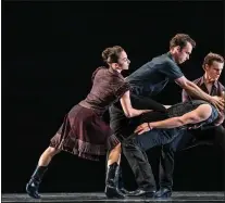  ?? PHOTO BY CHRIS HARDY ?? Smuin dancers Terez Dean Orr, left, Ben Needham-wood, top, Peter Kurta, bottom, and Ian Buchanan in James Kudelka’s “The Man in Black,” set to the music of Johnny Cash, is part of Smuin’s Dance Series 1 running through March 1at the Mountain View Center for the Performing Arts.