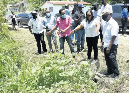  ?? IAN ALLEN/PHOTOGRAPH­ER ?? St Catherine North Central Member of Parliament Natalie Neita-Garvey (second right) shows Local Government Minister Desmond McKenzie (right) a spot of bother during a tour of flood-prone areas in the constituen­cy on Thursday. McKenzie was accompanie­d by technocrat­s from his ministry as they examined the road network and drains in a number of communitie­s.