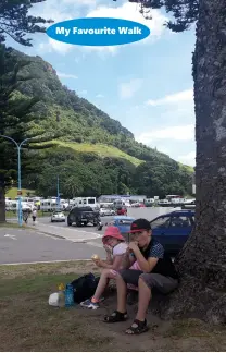  ??  ?? Above left: Sitting down with that promised ice cream. Photo Vivianne Flintoff
Above right: Mount Maunganui from Moturiki Island. Photo Frank Goldingham
Below left: The children view in the informatio­n map. Photo Vivianne Flintoff
Below right: The...