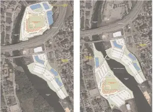  ?? Images courtesy Brailsford & Dunlavey ?? Two possible locations for a new Pawtucket Red Sox stadium were analyzed for potential economic impact — the site of the former Apex store, at left, and the Tidewater site, pictured at right. The 26-page study declared that a new ballpark on the Apex...