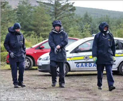  ??  ?? Gardai conducting a search of the area on Ballinasco­rney Hill where the body of 64-year-old Michael McCoy was discovered last Friday morning.