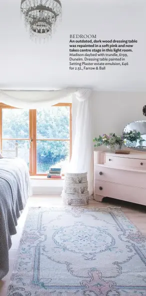  ??  ?? BEDROOM
An outdated, dark wood dressing table was repainted in a soft pink and now takes centre stage in this light room. Madison daybed with trundle, £199, Dunelm. Dressing table painted in Setting Plaster estate emulsion, £46 for 2.5L, Farrow & Ball