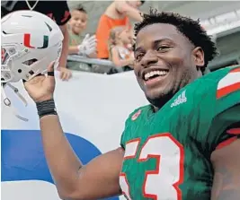  ?? JOHN MCCALL/STAFF FILE PHOTO ?? Hurricanes linebacker Zach McCloud last season had 48 tackles, including 4.5 that went for losses. He also had two sacks and a forced fumble.