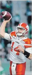  ?? MARK TAYLOR THE CANADIAN PRESS ?? B.C. Lions quarterbac­k Travis Lulay did not start in either game against the Tiger-Cats.