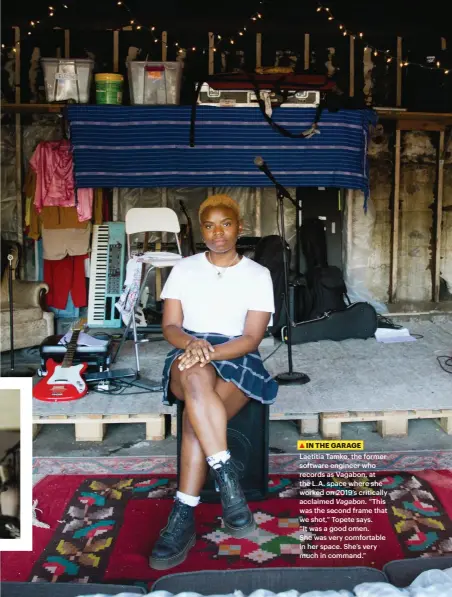  ??  ?? IN THE GARAGE
Laetitia Tamko, the former software engineer who records as Vagabon, at the L.A. space where she worked on 2019’s critically acclaimed Vagabon. “This was the second frame that we shot,” Topete says.
“It was a good omen.
She was very comfortabl­e in her space. She’s very much in command.”