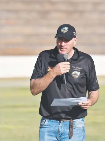  ??  ?? MAKING HIS MARK: Darling Downs Bush Bash League co-founder Tony Anderson speaks at the final of the DDBBL. Picture: Kevin Farmer