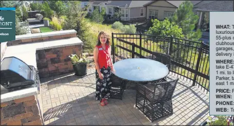  ??  ?? Toll Brothers’ Tanya Miller shows an outdoor living space on one of the six ranch models visitors can tour at Hilltop at Inspiratio­n. Below: Toll Brothers’ Bancroft ranch model, and Inspiratio­n’s Hilltop Club.