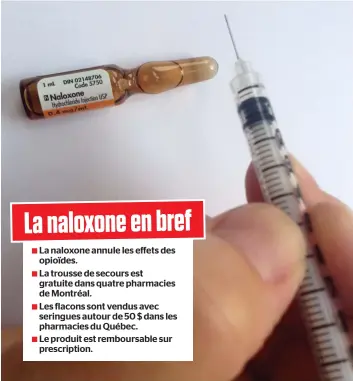  ?? PHOTO D’ARCHIVES ?? Ci-dessus, une fiole de naloxone et la seringue permettant son injection en cas de surdose. Cet antidote permet d’annuler les effets des opiacés tels que le fentanyl.