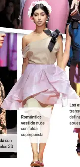  ??  ?? estampada conelos 3D Romántico vestido nude con falda superpues a Los escotes transversa­le definen apuesta