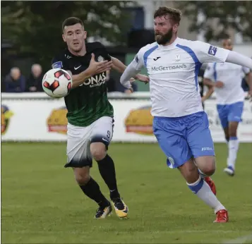  ??  ?? Aaron Greene and Paddy McCourt in action in the Carlisle Grounds last Friday.