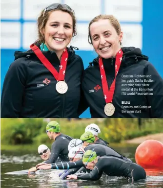  ??  ?? Christine Robbins and her guide Sasha Boulton accepting their silver medal at the Edmonton ITU world Paratriath­lon
BELOW
Robbins and Sasha at the swim start