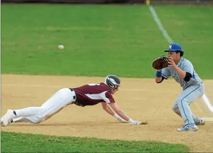  ?? TANIA BARRICKLO — DAILY FREEMAN ?? Kingston’s Garrett Warnecke dives back to first base as Middletown’s Kevin Marte awaits late throw.