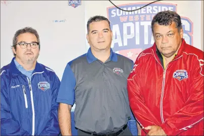  ?? JASON SIMMONDS/JOURNAL PIONEER ?? Jason (Lefty) Gallant, left, of Summerside is the newest member of the Summerside D. Alex MacDonald Ford Western Capitals’ coaching staff. Gallant discusses the start of Monday’s training camp with head coach Billy McGuigan, centre, and strength and...