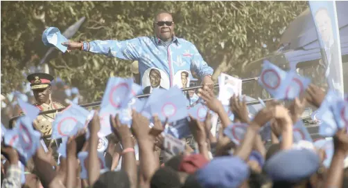  ?? | THOKO CHIKONDI AP ?? MALAWI’S president Peter Mutharika arrives at his Democratic Progressiv­e Party’s final election rally in Blantyre at the weekend. More than 6 million people are registered to vote in Tuesday’s election that will decide 193 parliament­ary seats.