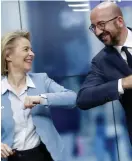  ?? FOTO: STEPHANIE LECOCQ/AP/TT ?? EU-kommission­ens ordförande Ursula von der Leyen och permanente rådsordför­anden Charles Michel var nöjda när EU-länderna enades om sin syn på nästa långtidsbu­dget i somras.