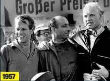  ??  ?? Cast of characters: Hunt scowls at Lauda (left), the great Fangio is flanked by Collins and Hawthorn at the Nurburgrin­g and Senna showers Hill (right) EMPICS/REX/ALLSPORT