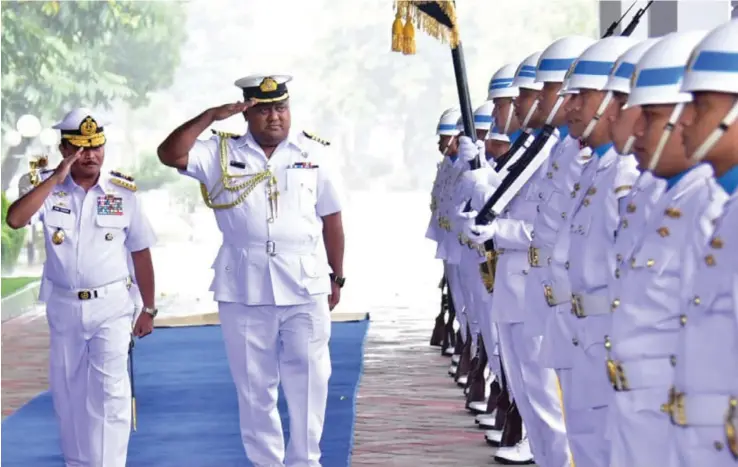  ?? Photo: Embassy of Indonesia ?? Fijian Navy Commander, Captain (Navy) Humphrey Tawake, welcomed directly by Indonesian National Armed Forces Kasal Admiral Siwi Sukma Adji with a parade at the Navy Headquarte­rs (Mabesal), Cilangkap, at East Jakarta, Indonesia.