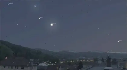  ?? / Foto: Stellarium in Astronomsk­o društvo Vega. ?? Mars, Venera in Luna v ravni vrsti