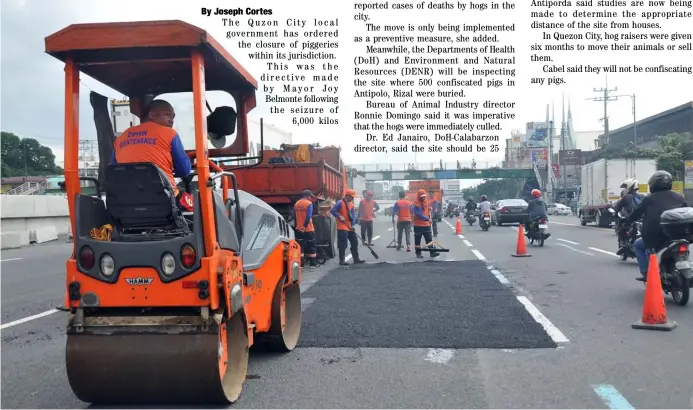  ?? ANALY LABOR ?? PERSONNEL of the Department of Public Works and Highways repair pot holes caused by the recent incidence of flooding along Commonweal­th Avenue in Quezon City.