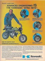  ?? ?? Kawasaki pushed the ‘advanced engineerin­g’ of its KV75 ‘Dyna-Mite’, endorsed by famous race car driver Parnell Jones.