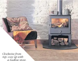  ??  ?? Clockwise from top: cosy up with a Ludlow stove, add a feature chair to create a reading nook, cushions to keep out the chill, beautiful Inchyra Linens, deep hues from James Hare, cosy Scottish style by Dekoria.