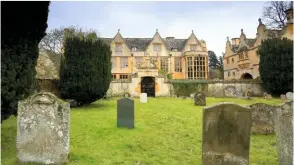  ??  ?? MANOR AND MEMORIALS Above and left: Stanway House overlooks the parish graveyard, home to a hidden cache of stone carvings.