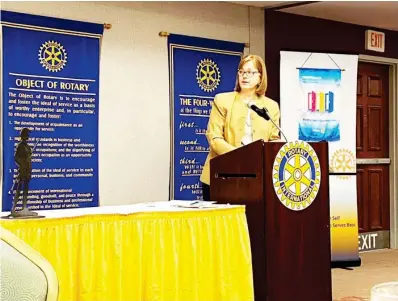  ??  ?? MSU Research and Economic Developmen­t Vice President Julie Jordan gave a presentati­on to the Starkville Rotary Club about the university’s ever-growing economic impact on the state. (Photo by Cal Brown, SDN)