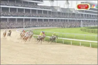  ?? (AP) ?? In this image taken from video provided by NBC Sports, the field rounds the first turn in a computer-simulated version of the Kentucky Derby horse race between the 13 winners of the Triple Crown, on May 2, in Louisville, Ky.