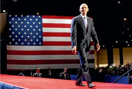  ?? PHOTO: REUTERS PHOTO: REUTERS ?? US President Barack Obama arrives to give his farewell address in Chicago, in which he called on Americans to embrace tolerance.