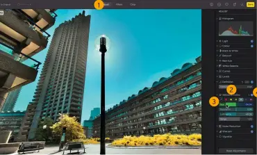  ?? ?? 1 Going manual
Instead of slapping on a filter you can produce a range of creative (and unique) looks by adjusting a range of image properties manually. 2 Selective Colour
This powerful panel is not available in the Photos app on iOS. It enables you to selectivel­y lighten a specific colour or change its hue. 3 Sample
If you’re not sure what colour match to click on, grab the Eyedropper and click on a particular area to sample it. You can adjust the colour. 3 Toggle
To see how your creative editing in a particular panel is shaping up, tick the tick icon to see a before and after version of the image. 1 3 2 4