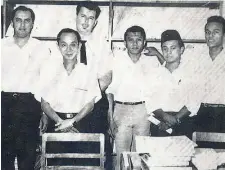  ??  ?? ( From left) Depicted at Radio Malaya in 1961, Ahmad, music copyist Fong, American bandleader from Berklee School of Music, Herb Pomeroy, music supervisor Zainal Abu, Wan Ahmad and music producer Samad Haroun.