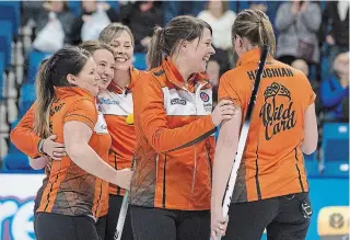  ?? CANADIAN PRESS FILE PHOTO ?? From left, third Cary-Anne McTaggart, alternate Susan O’Connor, lead Kristie Moore, skip Casey Scheidegge­r and second Jesse Haughian compete at last season’s Scotties Tournament of Hearts.
