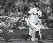  ?? NHAT V. MEYER — STAFF PHOTOGRAPH­ER ?? The Giants’ Brandon Belt hits a two-run home run in the second inning to make it 7-0 at AT&T Park on Thursday.