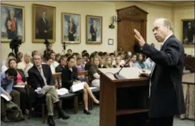  ?? SUSAN WALSH — ASSOCIATED PRESS FILE PHOTO ?? In this June 23, 2008 file photo, James Hansen, a leading researcher on global warming, gives a briefing on global warming on Capitol Hill in Washington. NASA’s top climate scientist in 1988, Hansen warned the world on a record hot June day that global warming was here and worsening. In a scientific study that came out a couple months later, he even forecast how warm it would get, depending on emissions of heat-trapping gases.