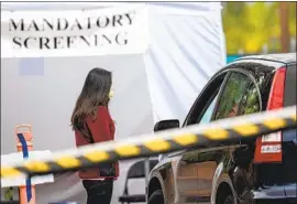  ?? Jason Armond Los Angeles Times ?? NURSING home inspectors say their coronaviru­s testing regime is disorganiz­ed and inadequate. Above, visitors at Eisenberg Village nursing home are screened.