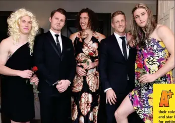  ??  ?? Choosing a character that only requires you to wear a suit might seem like a cop out but Patrick Dangerfiel­d and Scott Selwood were every bit committed to their roles as The Bachelor host Osher Gunsberg and star Richie Strahan. Bonus points to the boys...