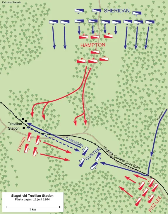  ??  ?? Slaget vid Trevilian Station Första dagen: 11 juni 1864 - järn väg en