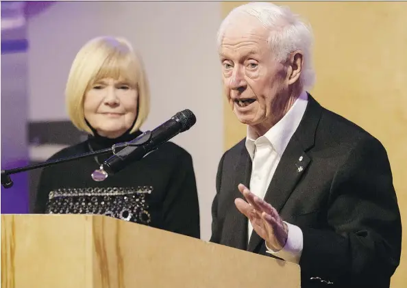  ?? MARC J CHALIFOUX PHOTOGRAPH­Y ?? Marilyn Westbury and Bob Westbury speak at the Fringe Theatre Art Barns on Friday for the official announceme­nt that a $25,000 annual award will go to a local artist to produce a live theatre production.