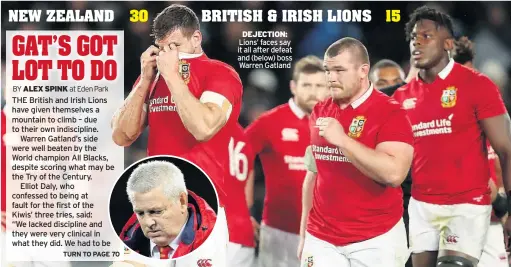  ??  ?? DEJECTION: Lions’ faces say it all after defeat and (below) boss Warren Gatland