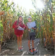  ?? MIKE DE SISTI / MILWAUKEE JOURNAL SENTINEL ?? Abby Yagow (left), 11, of Downs, Ill., and her brother, Logan, 9, look at their maps to find their way in the Treinen corn maze near Lodi.