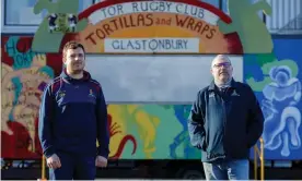  ?? Photograph: Sam Frost/The Guardian ?? Richard Hopkins (right), president of the Tor rugby club, and organiser Dan Ferriday have run a tortilla stall at the festival for over 20 years. It is a major source of revenue for the club.