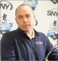  ?? Ned Gerard / Hearst Connecticu­t Media ?? UConn coach Mike Cavanaugh speaks at a press conference at Webster Bank Arena, in Bridgeport, in 2019.