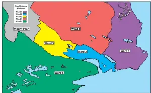  ?? — Photo illustrati­on by Robert Simon/The Telegram ?? A map outlining the five electoral wards for the Sept. 24 municipal election in the City of St. John’s.