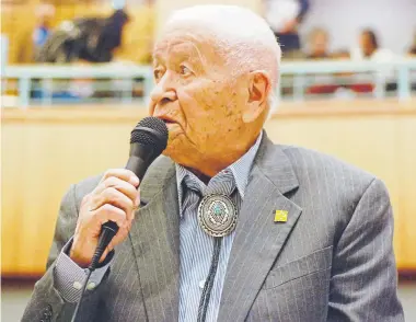  ?? Associated Press file ?? Democratic state Sen. John Pinto of New Mexico talks about his career as a lawmaker on American Indian Day in the Legislatur­e in 2018 in Santa Fe. He represente­d a district that includes the Navajo Nation.