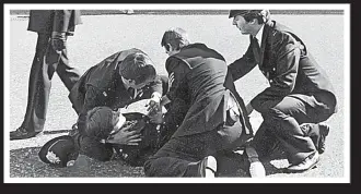  ?? ?? TRAGEDY: Left, WPC Yvonne Fletcher cradled by John and
fellow officers;
right, suspect
Saleh Ibrahim Mabrouk; then PM Margaret Thatcher
unveils memorial
